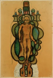 Ragazzo nudo con aureola nel contorno di una croce decorata da Otto Meyer Amden