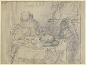 Uomo al tavolo da pranzo con bambino e gatto da Otto Scholderer
