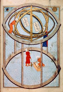 Astronomi che manipolano una grande sfera armillare e strumenti per misurare longitudine e latitudine. Miniatura dal manoscritto ms. FY 1404 