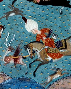 Rappresentazione dei cortigiani del sultano Murad II (Murat) (1404-1451) a caccia di cervi e lepri (dettaglio). Miniatura del XVII secolo. Istanbul, Biblioteca del Museo Topkapi Sarayi da Ottoman School