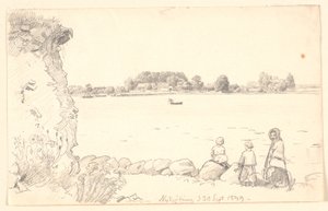 Una signora e due bambini presso Guldborg Sund. Nykøbing Falster. da P.C. Skovgaard