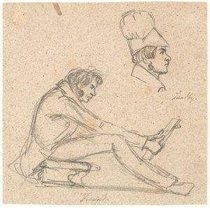 H.E. Freund seduto su uno sgabello che osserva un disegno. In alto a destra ritratto di profilo di J. Th. Lundbye