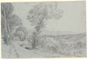 Paesaggio montano italiano con vista verso "Genazzano 9 luglio 1869." da P.C. Skovgaard