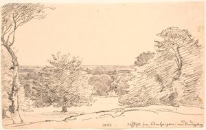 Paesaggio con alberi e ampia vista dagli Ambjergene verso Vordingborg