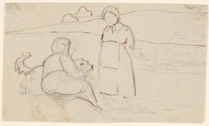 Ragazzo seduto con cane e ragazza in piedi in un paesaggio da P.C. Skovgaard