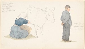 Studio di una ragazza che munge una mucca, a destra un contadino in piedi