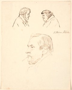 Due teste di uomini caricaturali di profilo e in basso un ritratto maschile di profilo verso sinistra da P.C. Skovgaard