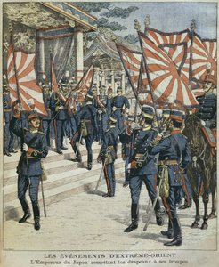 Sua Maestà Imperiale Mutsuhito, Imperatore del Giappone, consegna le bandiere alle sue truppe, illustrazione da 