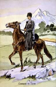 Cartolina raffigurante un Cosacco del Terek, c.1914 da P. (after) Dmitroff
