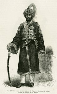 Jang Bahadur (1816-1877), Primo Ministro del Nepal. Incisione di P.Sellier per illustrare la storia Voyage au Nepal, di Dr. Gustave Le Bon (1841-1931), in le tour du monde 1886, diretta da Edouard Charton (1807-1890), Hachette, Parigi. da P. (after) Sellier