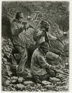 Minatori che estraggono carbone nella vena. Incisione di Ferat, per illustrare la storia "Belgio", di Camille Lemonnier. Pubblicato in Le Tour du monde, nuovo giornale dei viaggi, 2° semestre 1884 da P. Ferat