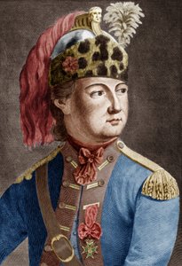 Cavaliere di Eon (1728-1810), agente segreto francese per il re, era solito travestirsi, incisione colorata da P. Jean Baptiste Bradel