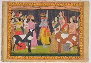 Krishna solleva il Monte Govardhana, dal Bhagavata Purana, Kulu, Himachal Pradesh, 1749