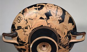Dettaglio di una coppa a figure rosse attica che raffigura scene della Guerra di Troia, c.490 a.C. da Painter Brygos
