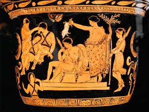 Cratere a campana a figure rosse dalla Puglia: Apollo purifica Oreste con il sangue di un maialino ... da Painter Eumenides