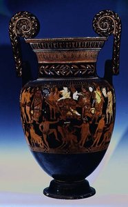 Cratere a volute a figure rosse attiche, decorato con una scena di attori e musicisti che si preparano per una performance davanti a Bacco e Arianna, greco, da Ruvo, V secolo a.C. da Painter Pronomos