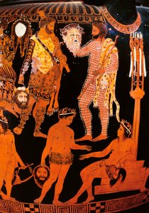 Cratere a volute a figure rosse con un attore che tiene la sua maschera, da Ruvo, c.410 a.C. da Painter Pronomos