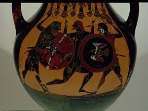 Anfora attica a figure nere decorata con una scena di Eracle vestito con una pelle di leone che combatte Cigno, c.540 a.C. (ceramica)