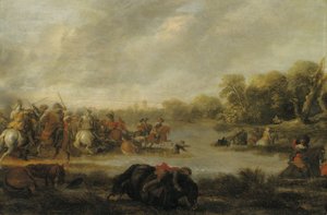 Uno scontro di cavalleria presso un fiume da Palamedes Palamedesz