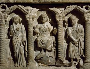 Sarcofago paleocristiano noto anche come Sarcofago del Beato Egidio, marmo, Oratorio di San Bernardino, Perugia, Umbria (dettaglio) da Paleo Christian