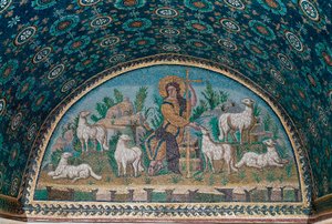 Buon pastore. Mosaico della lunetta sopra la porta d