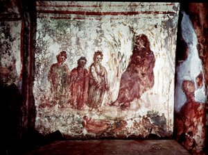 Arte paleocristiana: Mosè salvato dalle acque del Nilo dalla figlia del Faraone. Affresco della Catacomba di Via Latina, Roma da Paleo Christian
