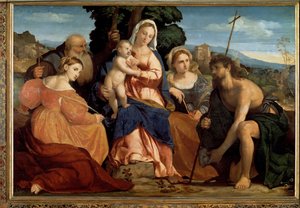 Vergine con bambino con Santa Caterina e San Celestino (a sinistra) e Giovanni Battista e Barbara (a destra) (dipinto) da Palma Il Giovane