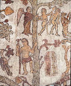 Adamo ed Eva cacciano dal Paradiso Terrestre Mosaico di Pantaleone, sacerdote e mosaicista. 1163-1166. Navata centrale della Cattedrale di Otranto da Pantaleon