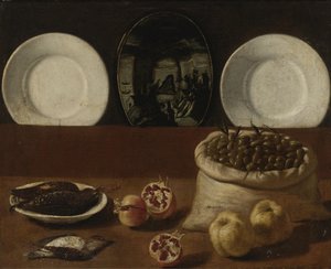 Natura morta con piatti, un sacco pieno di olive, selvaggina, melograni e cotogna