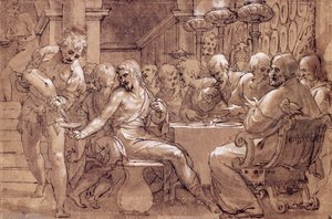La cena di San Gregorio, disegno di Paolo Farinati (1524-1606), acquerello grigio-marrone, penna, biacca e matita nera, Italia da Paolo Farinati