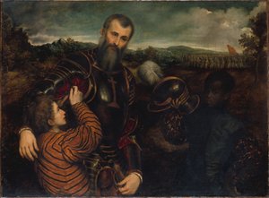 Ritratto di uomo in armatura con due pagine da Paris Bordone