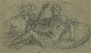 Figura maschile seduta con putto e armatura da Paris Bordone