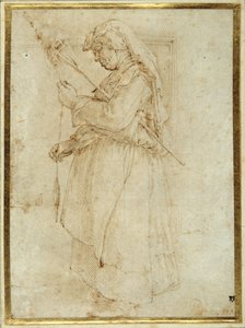 Vecchia donna con un fuso, in piedi davanti a un camino da Parmigianino