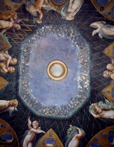 Putti e scorcio di cielo, 1524 circa, di Francesco Mazzola, detto il Parmigianino, affresco, volta della Sala di Diana e Atteone, Rocca Sanvitale, Fontanellato, vicino a Parma, Emilia-Romagna, (dettaglio) da Parmigianino