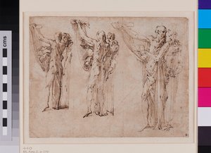 Tre studi di San Girolamo e San Francesco in conversazione, recto c. 1534 - 1539 (penna e inchiostro marrone con lavaggio grigio su carta vergata)