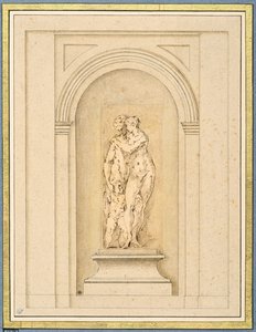 Due figure e un cupido circondati da una cornice architettonica successiva