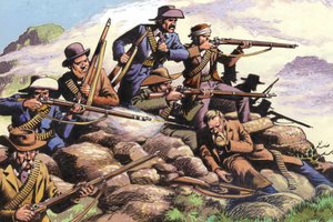 1880, Boeri del Transvaal che combattono a Majuba Hill durante la Prima guerra boera (gouache su carta)