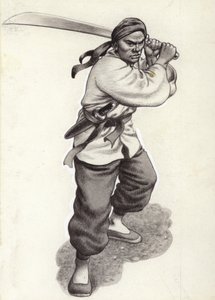 Guerriero pugile cinese (gouache su carta)