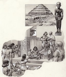 Imhotep "il buon medico" che dà consigli a un malato (gouache su carta) da Pat (1907-95) Nicolle