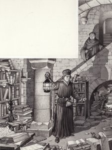 Poggio Bracciolini nella biblioteca trascurata del monastero di San Gallo (gouache su carta)