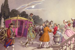 La principessa Augusta, in procinto di partorire, viene caricata in una carrozza (gouache su carta)