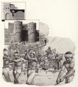 I lavori per la costruzione delle prime mura del Cairo iniziarono nel 969 d.C. (gouache su carta)