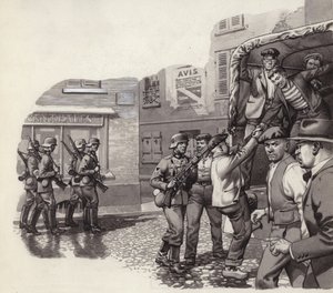 Un soldato tedesco aiuta i prigionieri a fuggire da un camion (gouache su carta)