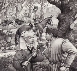 Una donna si trova nei guai quando taglia il ramo di un albero (gouache su carta)