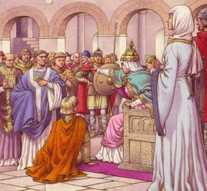 Brunehilda, regina dei Burgundi, espelle Colombano (guazzo su carta)
