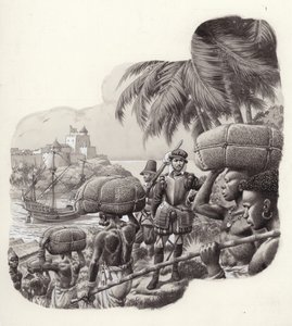 Castello costruito dai commercianti europei in Africa occidentale (gouache su carta)