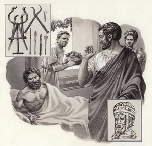Il medico Galeno rischia la vita dicendo a un imperatore romano che ha mangiato troppo (gouache su carta)