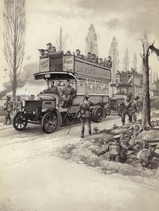 Gli autobus londinesi utilizzati per portare le truppe al fronte durante la prima guerra mondiale (gouache su carta)