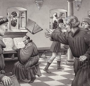 Poggio Bracciolini lancia un libro contro un compagno di studi, Tortelli (gouache su carta)