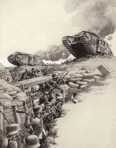 Carri armati rotolano sulle trincee tedesche durante la Grande Guerra (gouache su carta)